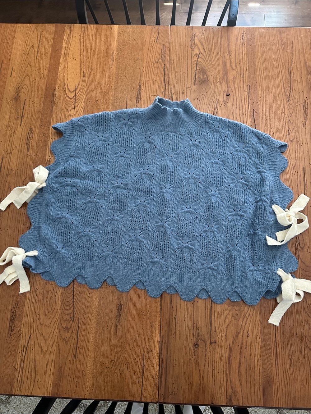 Anniewear Light Blue Cable-Knit Poncho with Cream Side Ties -  Large